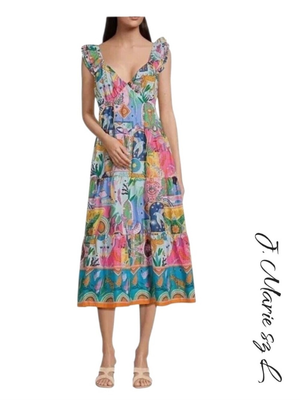J.Marie Sloane Celestial Zodiac Ruffle Midi Dress Size L